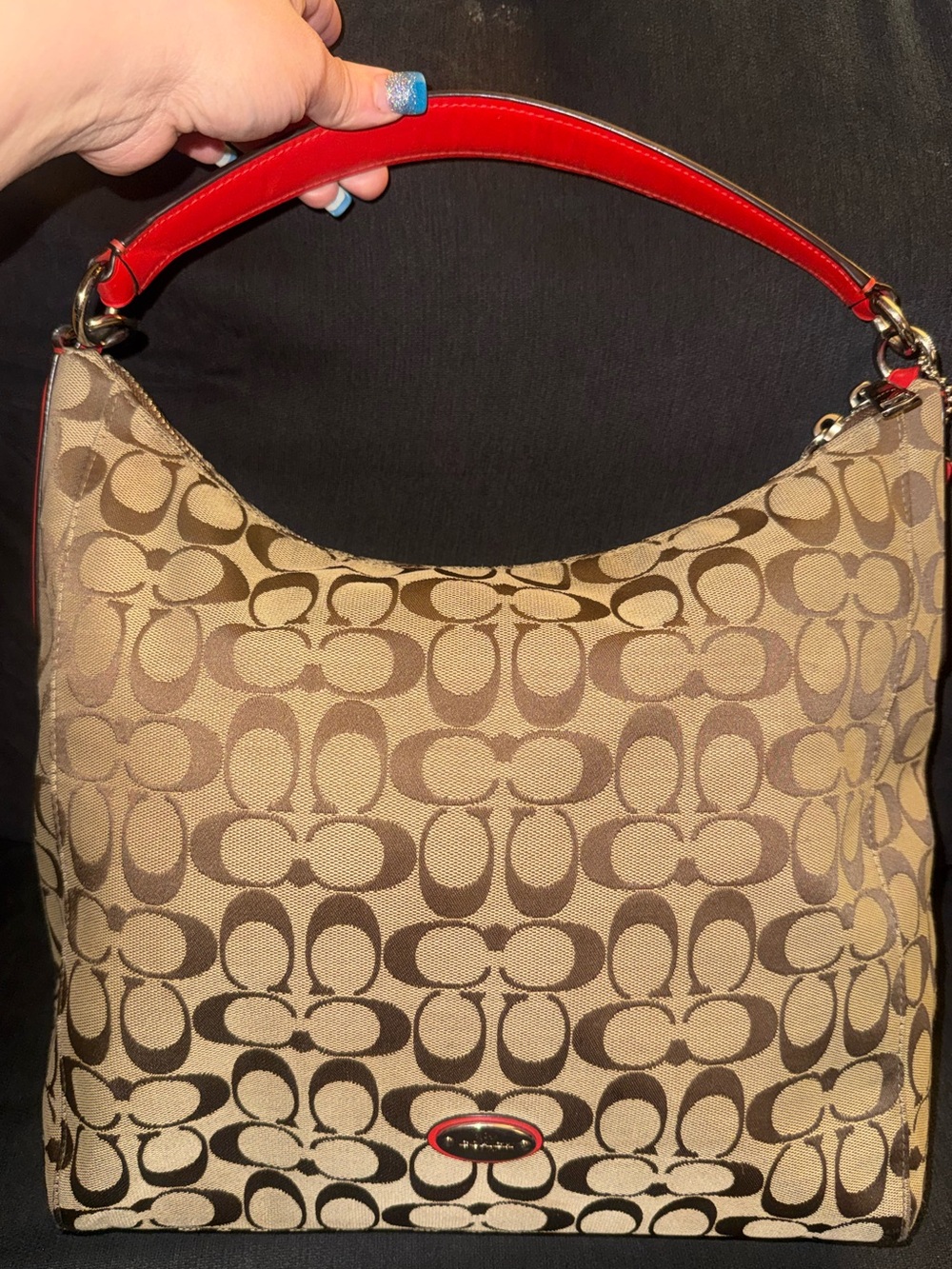 Coach Celeste Convertible Hobo Signature Canvas & Vermillion Accents F36377